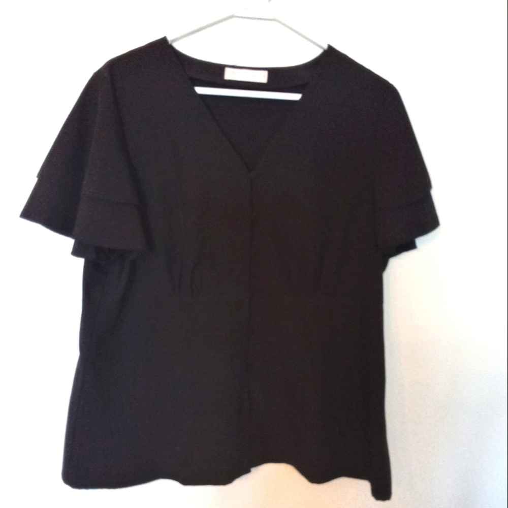 Belle Poque Women's Black Flutter Sleeve V-Neckline Blouse Size XL